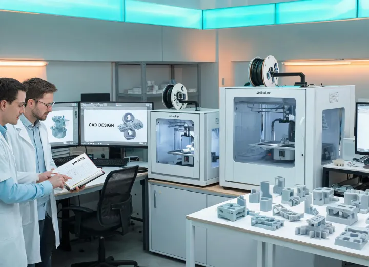 Engineer reviewing 3D printed fixture beside Ultimaker equipment